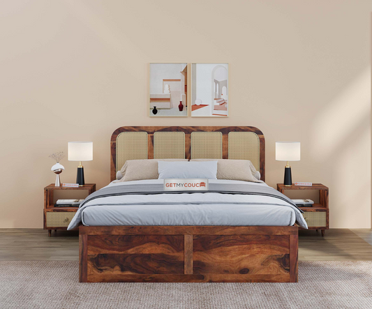 Beacon Storage Bed in Sheesham Wood With Cane Design