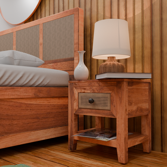 Baha Bedside Table in Teak Wood In Cane Design
