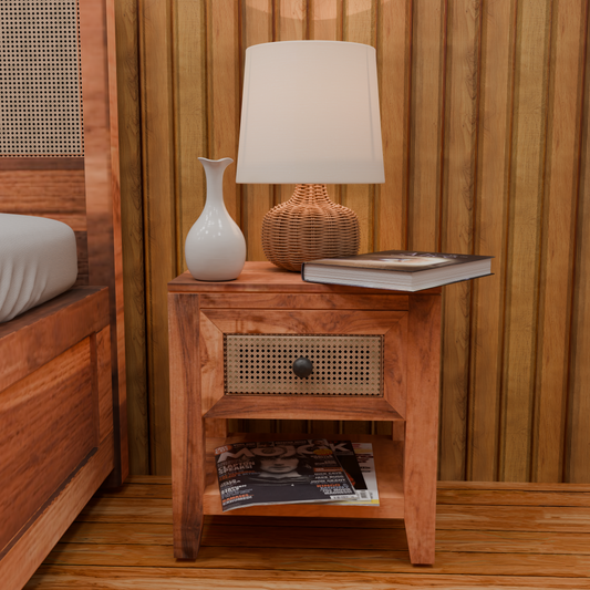 Baha Bedside Table in Teak Wood In Cane Design