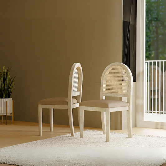 Reza Dining Cum Study Chair in Bleached Solid Wood and Natural Cane