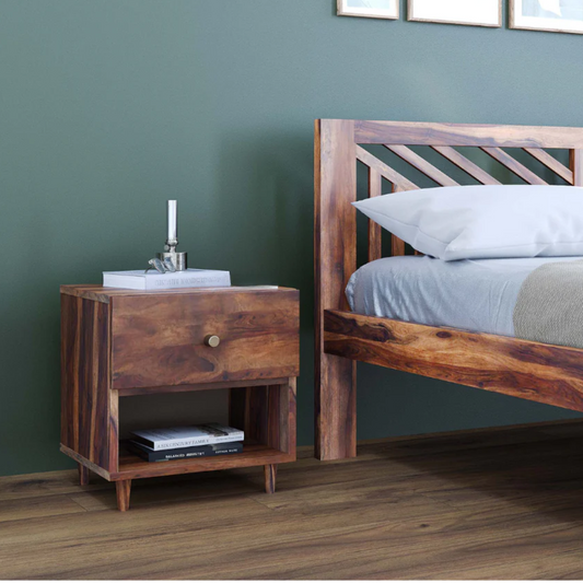 Original Gangster Bedside Side Table with Upper Drawer in Sheesham Wood