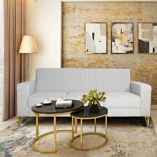 Maverick Sofa In Beige Velvet Fabric ( With Golden Frame)