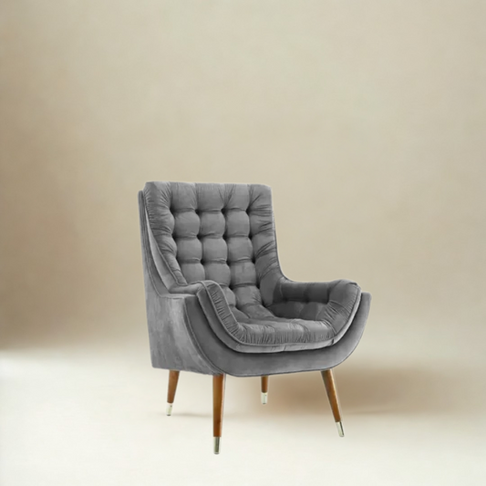 Valencia Tufted Wing Chair in Grey Velvet Fabric