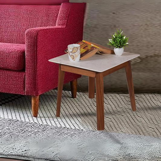 Galatea Marble Side Table In Teak Finish