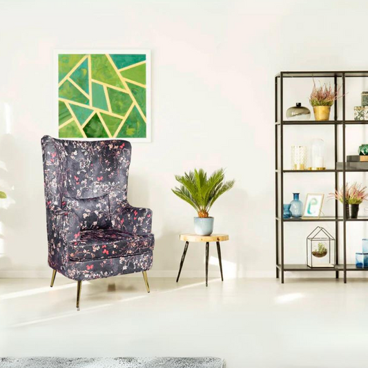 Titus Beauty High Back Wing Chair Premium Suede Floral Fabric
