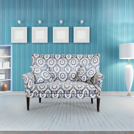 Valdemar High Back Two Seater Sofa In Blue Print