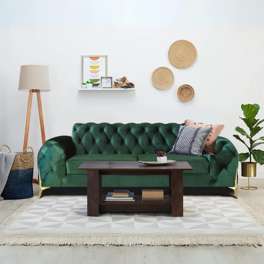 Karter Chesterfield 3 Seater Sofa With Golden Sword Legs Green Velvet Fabric