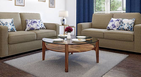 Veego Glass Top Round Coffee Table In Sheesham Wood