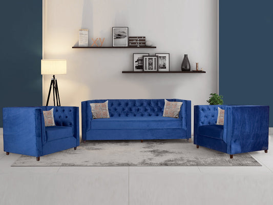 Windsor Sofa Set In Blue Velvet Fabric (3+1+1)