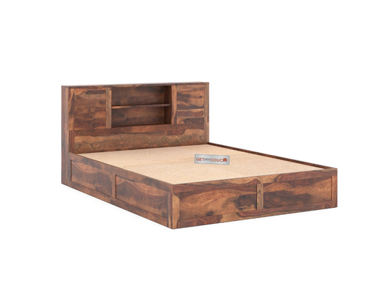 Nightingale Sheesham Wood Bed with Headboard Storage in Honey Finish