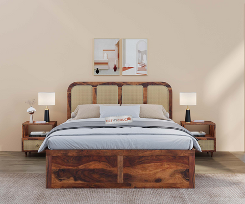 Beacon Storage Bed in Sheesham Wood With Cane Design