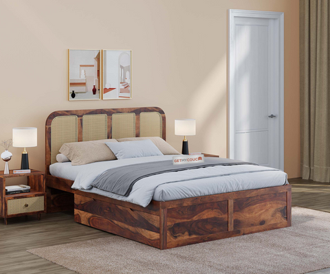 Beacon Storage Bed in Sheesham Wood With Cane Design