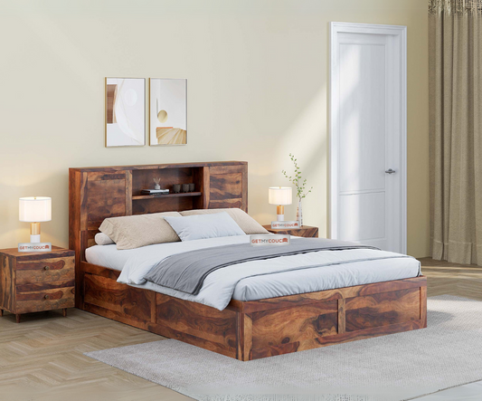 Nightingale Sheesham Wood Bed with Headboard Storage in Honey Finish
