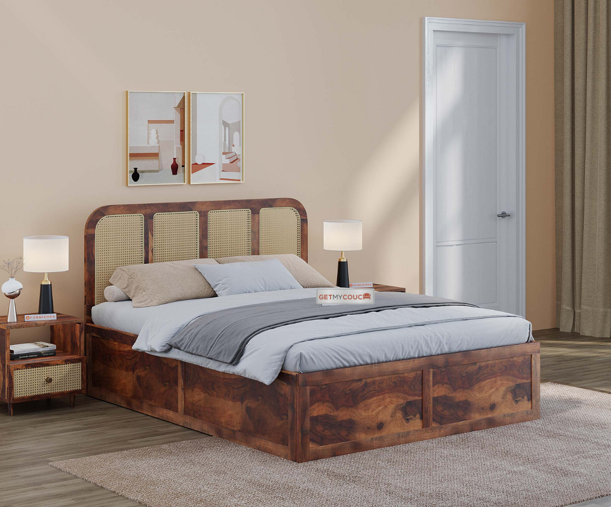 Beacon Storage Bed in Sheesham Wood With Cane Design