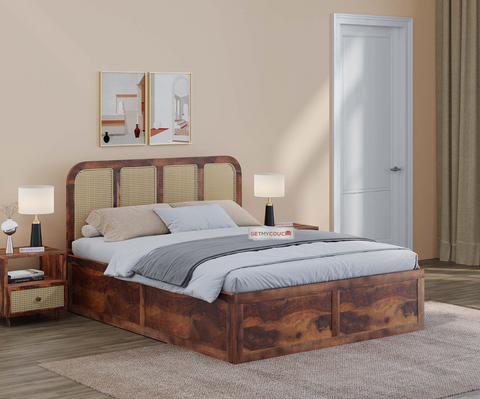 Beacon Storage Bed in Sheesham Wood With Cane Design