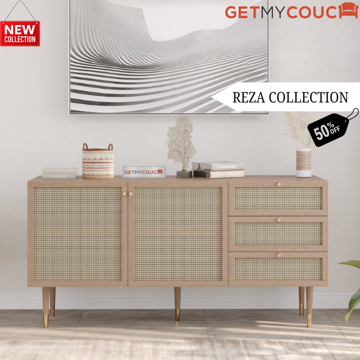 Reza Sideboard in Solid Wood and Cane