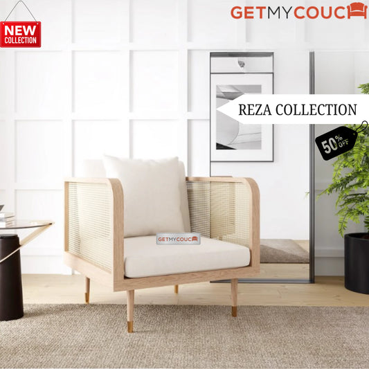 Reza 3 seater Sofa in Solid Wood and Cane