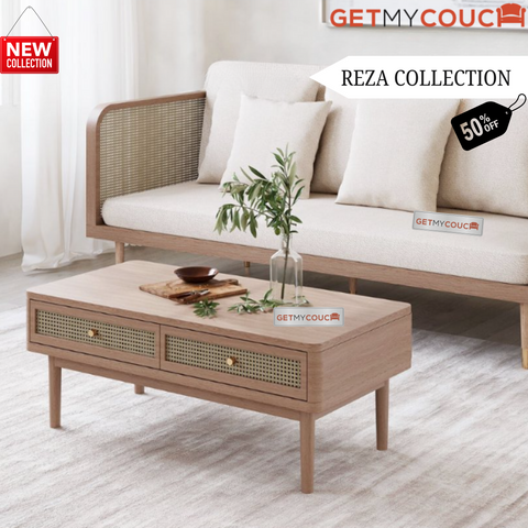 Reza Coffee Table in Solid Wood and Cane