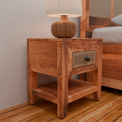 Baha Bedside Table in Teak Wood In Cane Design