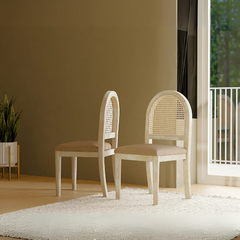 Reza Dining Cum Study Chair in Bleached Solid Wood and Natural Cane