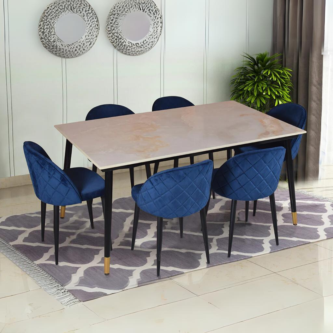 Zahra marble dining table 6 seater Set In Noel Chairs