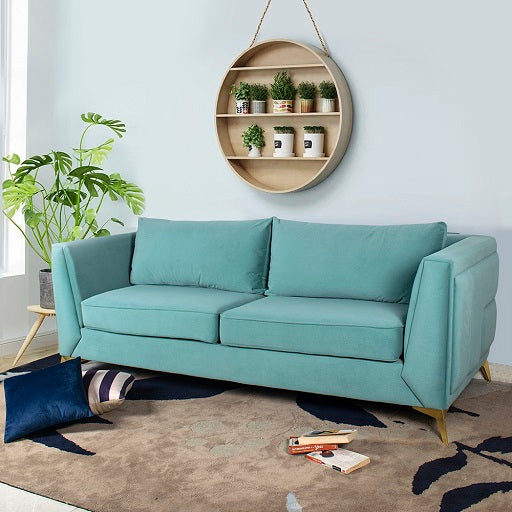 Dinzo Three Seater Sofa In Sea Green Velvet Fabric