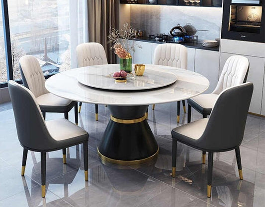 Antique Circular Dining Table Set with 6 chairs White Marble