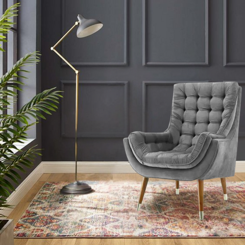 Valencia Tufted Wing Chair in Grey Velvet Fabric