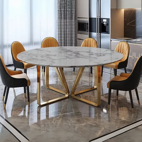 Amart Modern Round 6 Seater Dining Table With Marble Top Stainless Frame