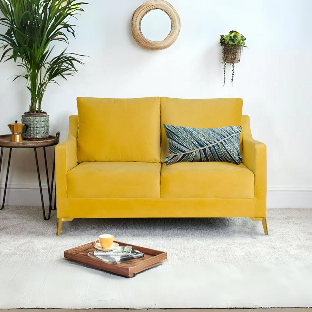 Donald 2 Seater Loveseat Sofa In Yellow Velvet Fabric