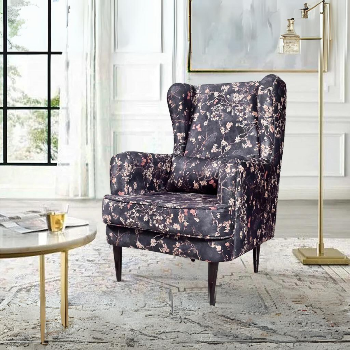 Genoa Wing Chair In Premium Suede Floral Fabric