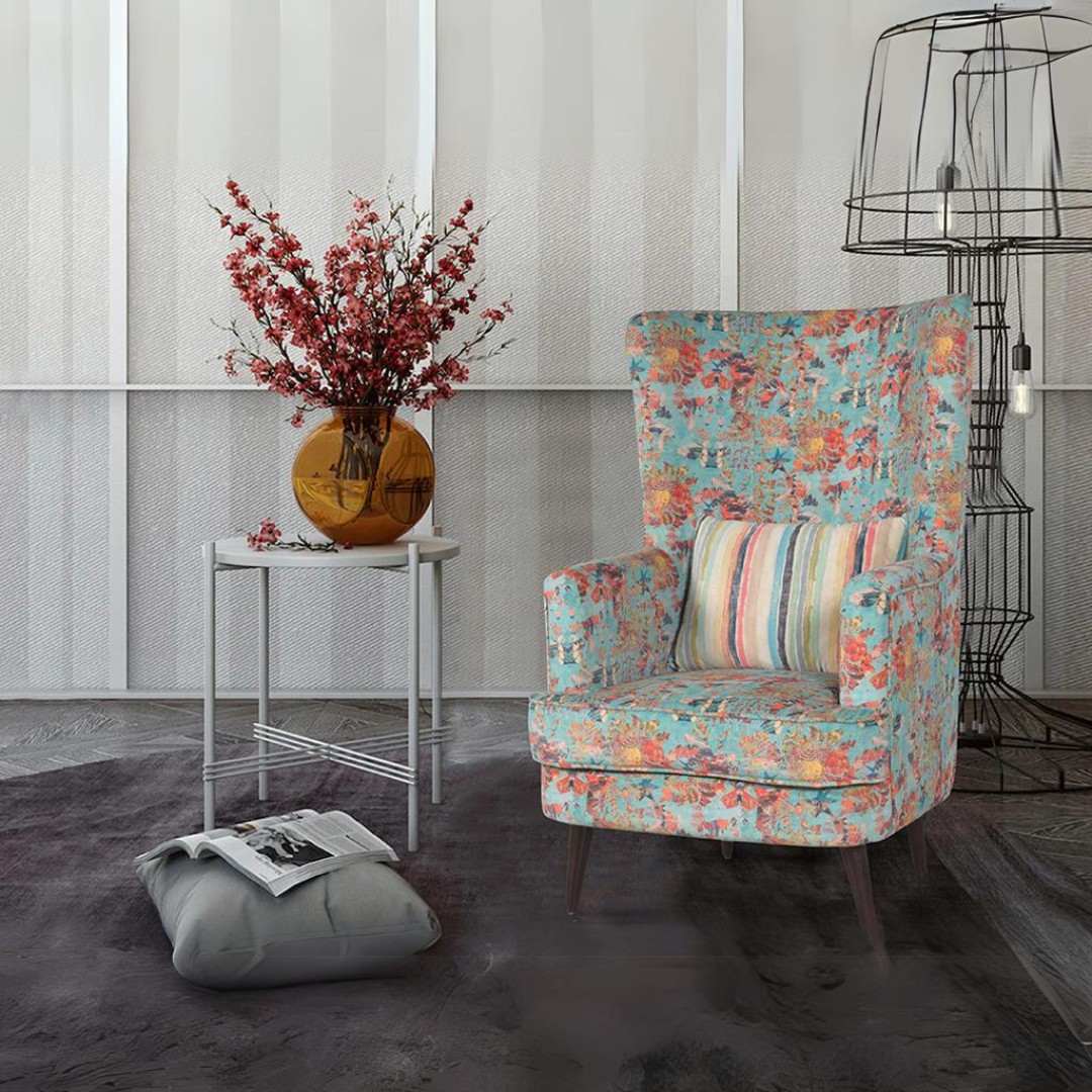 Buy Titus Beauty High Back Wing Chair Premium Suede Floral Fabric