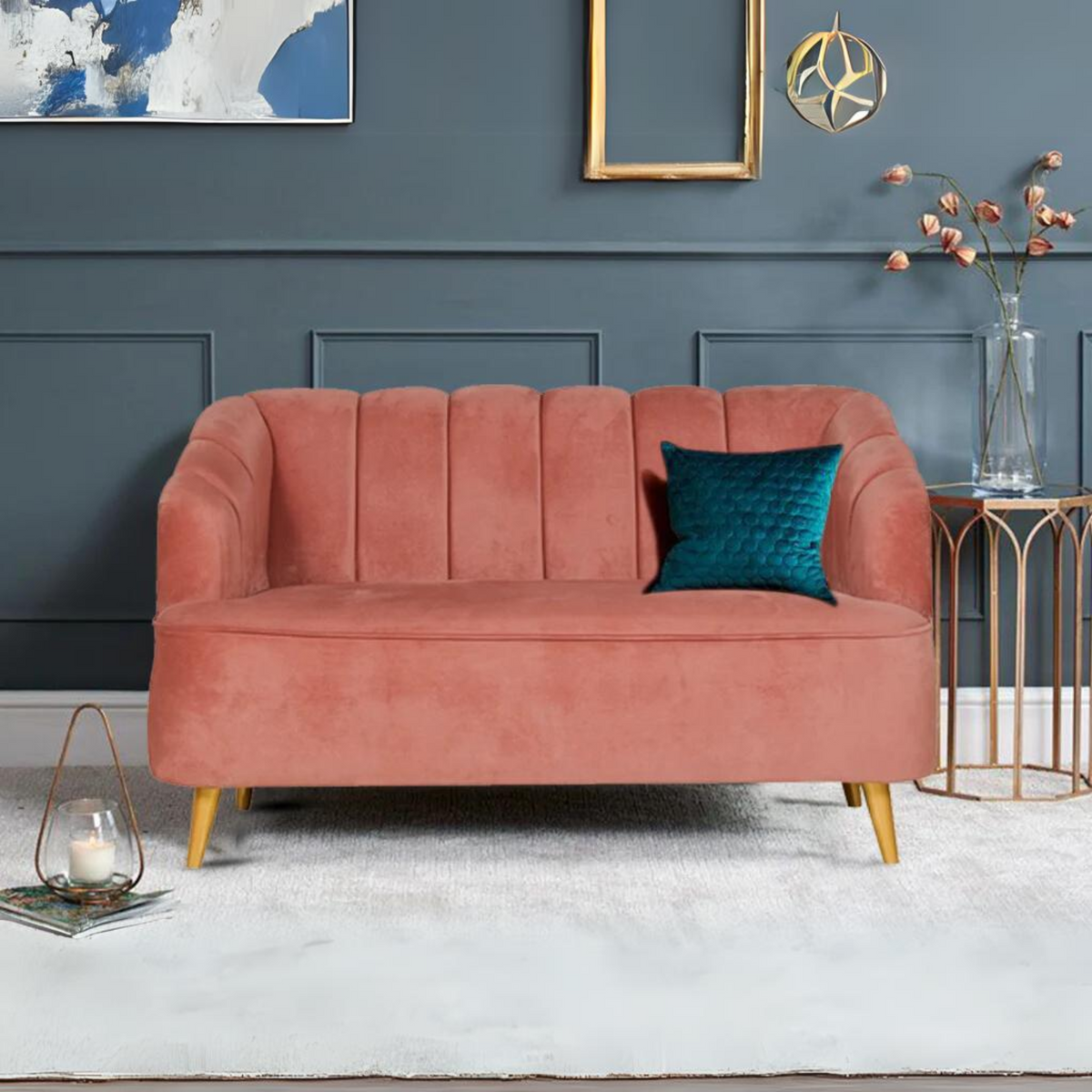 Nelio Two Seater Sofa in Salmon Color in Velvet Fabric