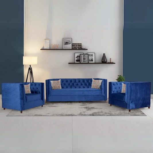 Windsor Sofa Set In Blue Velvet Fabric (3+1+1)