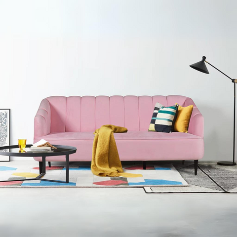 Nelio Three Seater Sofa in Baby Pink Velvet Fabric