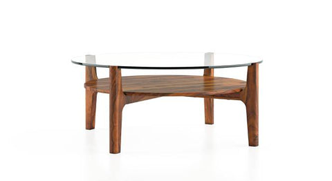 Veego Glass Top Round Coffee Table In Sheesham Wood