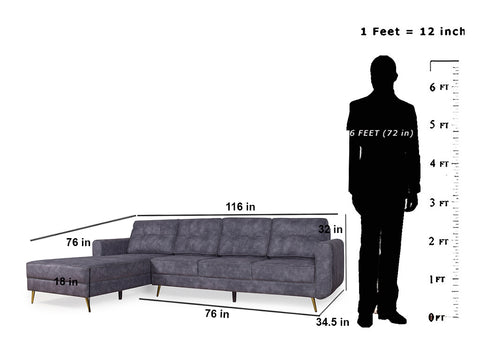 Connor Sectional L Sofa in Dark Grey Suede Fabric