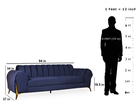 Parker Three Seater Sofa in Blue Velvet Fabric