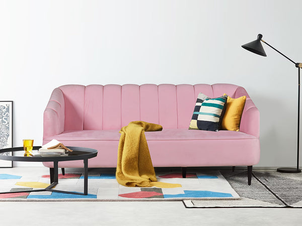 Nelio Three Seater Sofa in Baby Pink Velvet Fabric