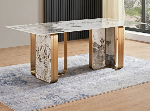 Glitsin Six Seater Marble Dining Table With Gold Finish