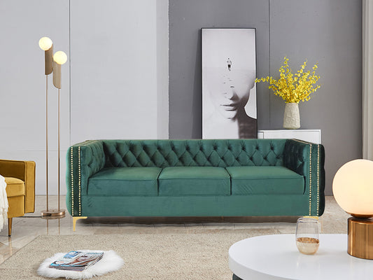 Noah Three Seater Sofa In Green Premium Velvet Fabric