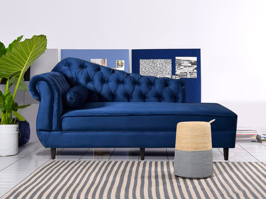 Avon Chaise Lounger Sofa In Blue Velvet Fabric Getmycouch