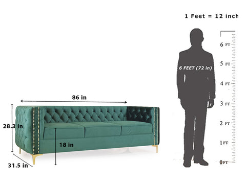 Noah Three Seater Sofa In Green Premium Velvet Fabric