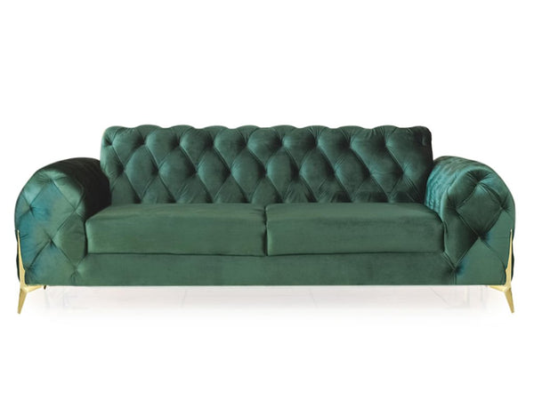 Karter Chesterfield 3 Seater Sofa With Golden Sword Legs Green Velvet Fabric