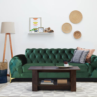 Karter Chesterfield 3 Seater Sofa With Golden Sword Legs Green Velvet Fabric