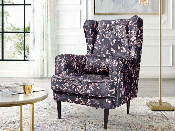 Genoa Wing Chair In Premium Suede Floral Fabric