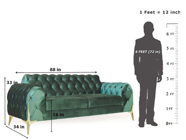 Karter Chesterfield 3 Seater Sofa With Golden Sword Legs Green Velvet Fabric