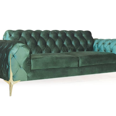 Karter Chesterfield 3 Seater Sofa With Golden Sword Legs Green Velvet Fabric