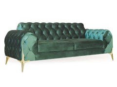 Karter Chesterfield 3 Seater Sofa With Golden Sword Legs Green Velvet Fabric