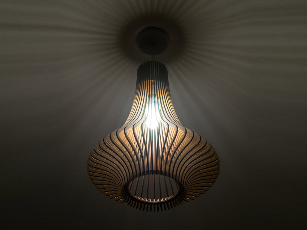 Porcelain-inspired laser cut wooden lampshade